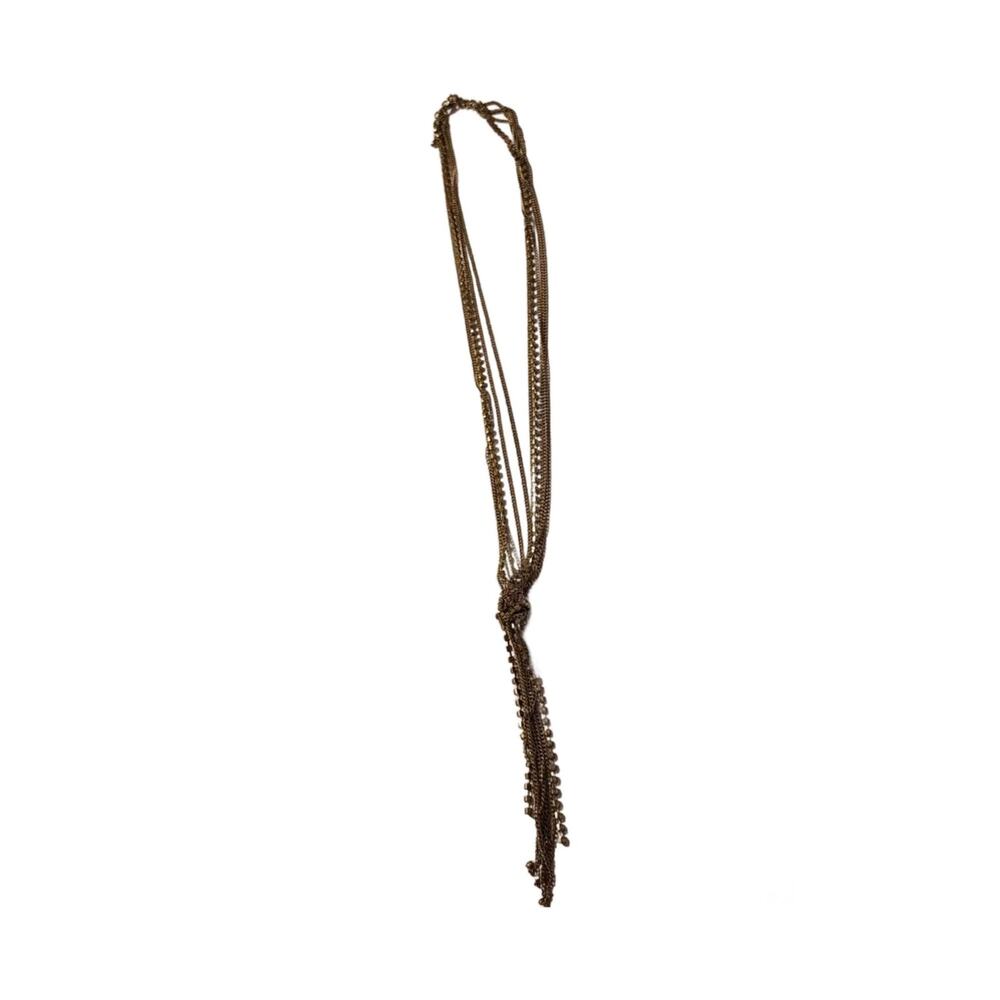 Vintage Gold Tone Rhinestone Chain Lariat Tassel Necklace: 5 Strand Multi Chain - Picture 6 of 12